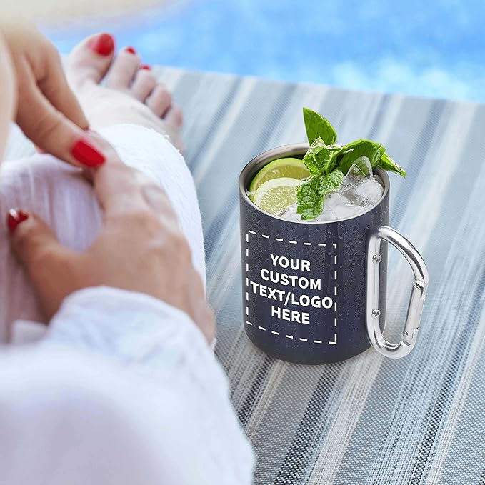 Custom Stainless Steel Mugs with Carabiner Handle 10 oz. Set of 50, Personalized Bulk Pack - Perfect for Coffee, Soda, Other Hot & Cold Beverages - Navy Blue