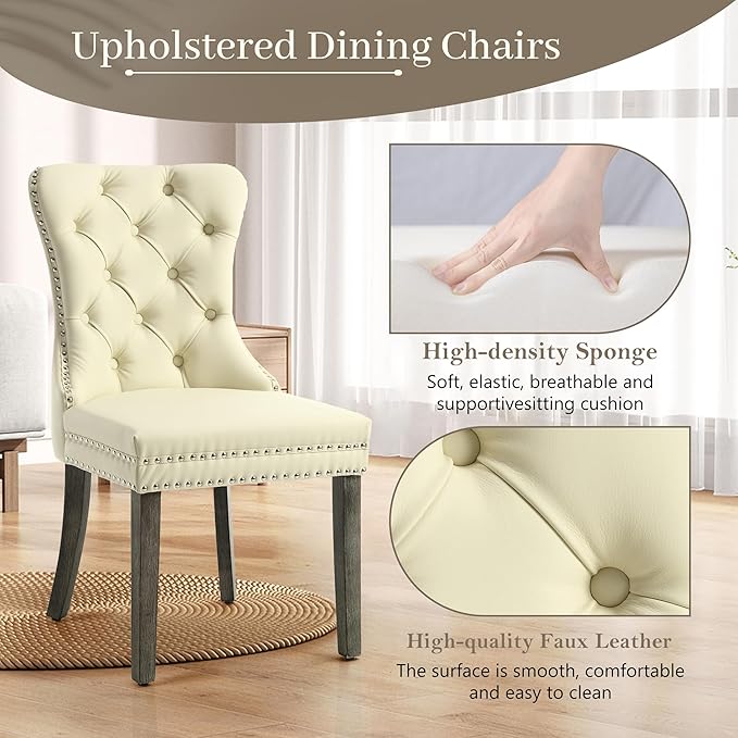 KCC Faux Leather Dining Chairs Set of 2, Upholstered High-end Tufted Dining Room Chair with Nailhead Back Ring Pull Trim Solid Wood Legs, Contemporary Nikki Collection Modern Style for Kitchen, Beige