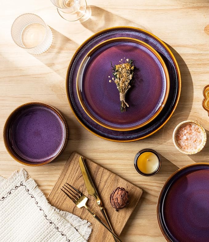 TheTerra Ceramic Dinnerware Sets for 4, 12 Pieces Porcelain Lightweight Plates and Bowls Sets, Scratch Resistant Dish Set, Oven & Microwave & Dishwasher Safe, Amber Amethyst
