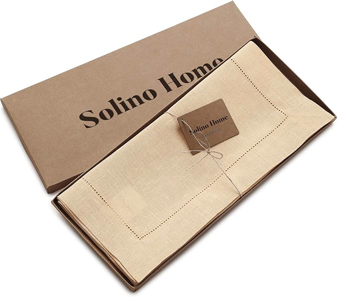 Solino Home Linen Beige Table Runner 108 Inches Long - 100% Pure Linen 14 x 108 Inch Table Runner for Spring, Easter - Classic Hemstitch