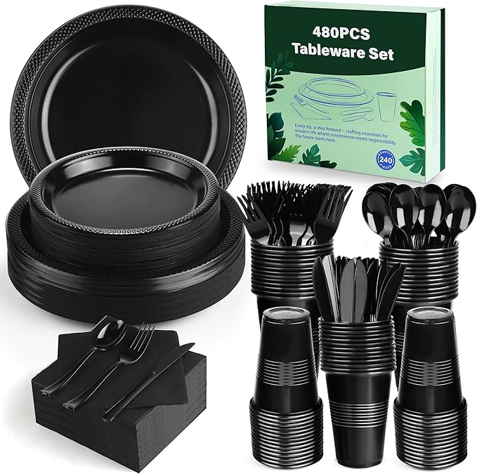 Kochorie 480 Pieces Black Plastic Dinnerware Set for 60 Guests Disposable Heavy Duty Plates Napkins Cups and Silverware Dessert Dinner Plates for Halloween Birthday Wedding Party Supplies
