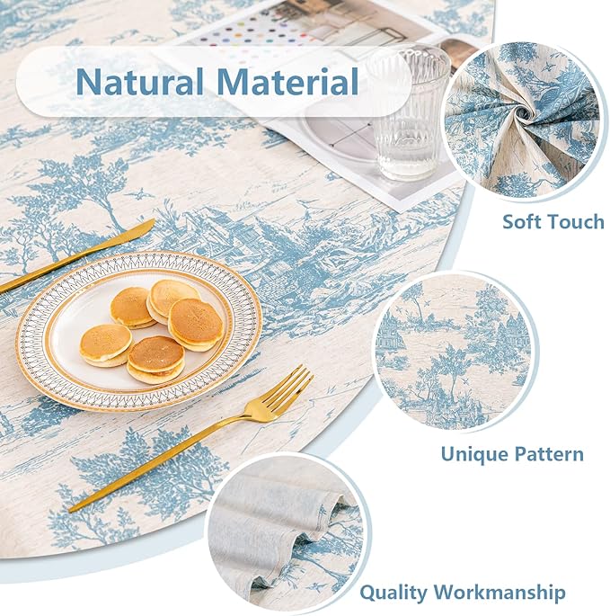 MYSKY HOME Linen Vintage Rectangle Tablecloth 60x120 Inches, Blue Castle Print Table Cloth for Dining Table I Tabletop I Parties/Outdoor I Spring/Summer Waterproof Fabric Farmhouse Tablecloth