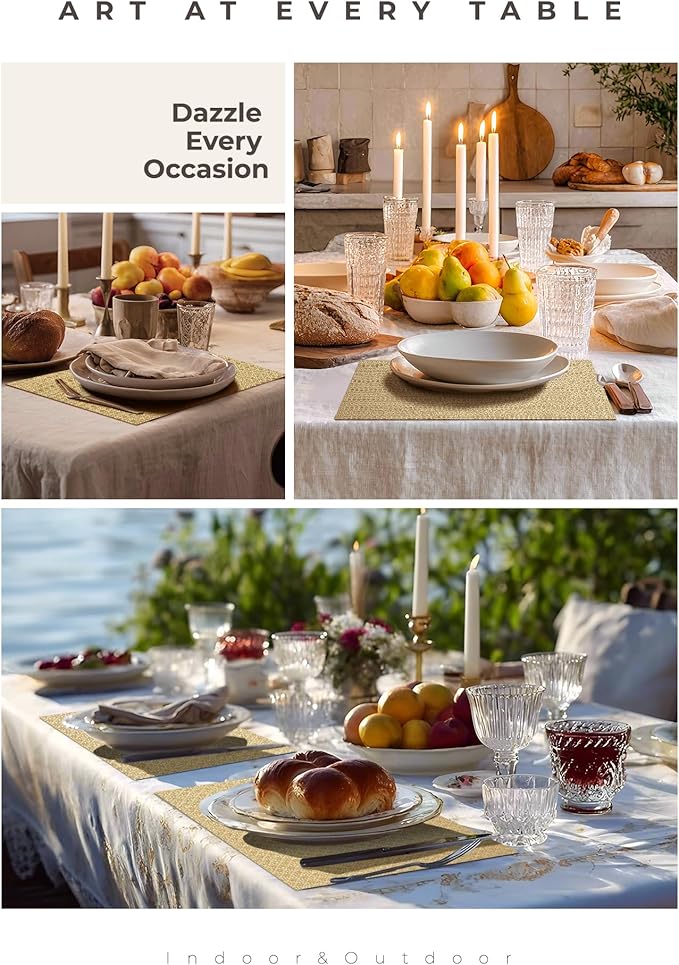 Leetaltree Luxury Gold Sequin Placemats Set of 8 - Waterproof Washable for Wedding, Anniversary, Daily Use - Sparkling Table Decor - Hand-Cut