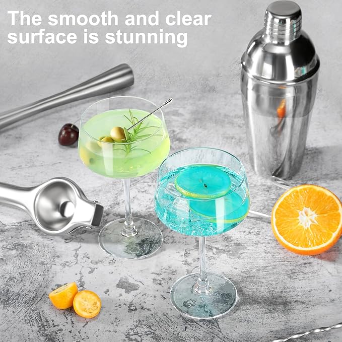 Martini Glasses Set of 6, 8 oz Premium Crystal Coupe Glasses, Hand Blown Champagne Drinkware with 6 Cocktail Picks, Clear Cocktail Glasses for Bar, Parties, Martinis, Margaritas