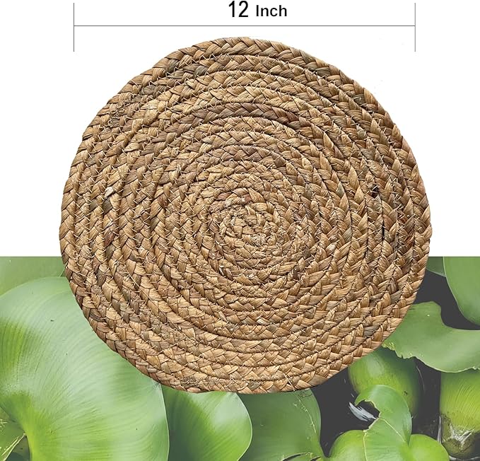 ANDSTAR Round Woven Placemats Set of 6, 12"x12", Natural Wicker Placemats, Water Hyacinth Straw Braided Placemats,Boho Place Mats for Farmhouse, Rustic Table (Water Hyacinth in Natural Color)