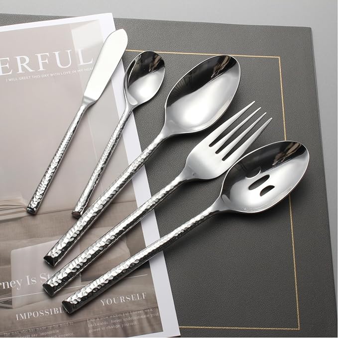 45-Piece Forged Hammered Stainless Steel Flatware Cutlery Set for 8, SXY INOX Includes 8 sets and 1 Butter Knife,1 Serving Tablespoon,1 Cold Meat Fork,1 Pierced Tablespoon,1 Suger Spoon