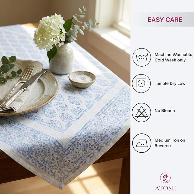 ATOSII Cotton Tablecloth Amalfi Blue 72" X 140" Inches Rectangle