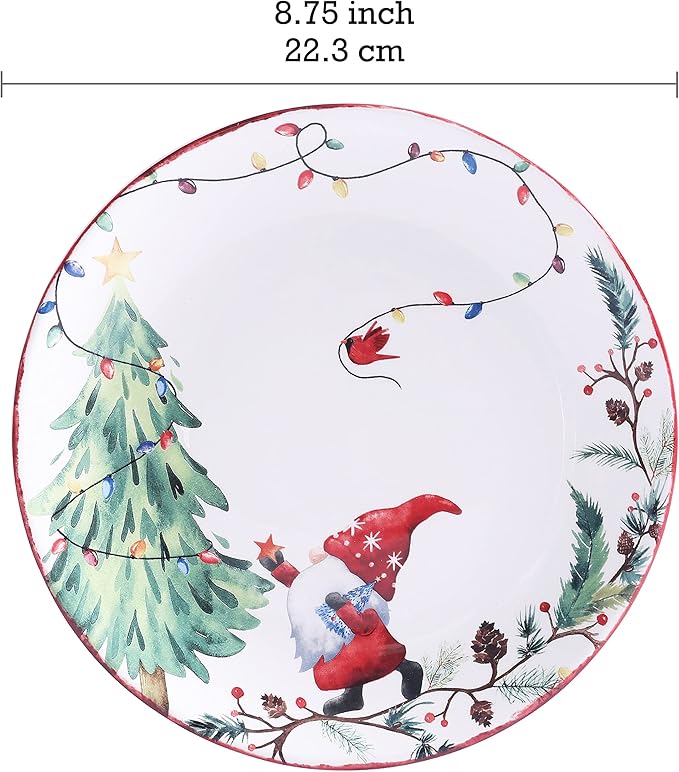 Bico Christmas Gnomes Salad Plates Set of 4, 8.75 Inch Ceramic Dessert Plates for Salad, Appetizer, Side Dishes, Microwave and Dishwasher Safe, Gift for Housewarming and Christmas