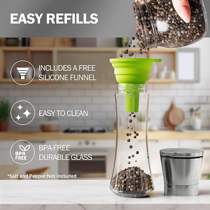 Home EC Original Stainless Steel Sea Salt and Pepper Grinder Set of 4 - Adjustable Ceramic - Tall Glass Salt and Pepper Shakers Mills - Modern Kitchen Spice Mill W/Funnel & EBook