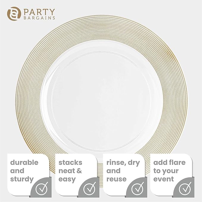 PARTY BARGAINS 13-Inch Charger Plates - 4 Pack, Clear Gold Rope Textured Rim, Heavy-Duty Disposable Chargers for Elegant Dining - Ideal for Weddings and Formal Events