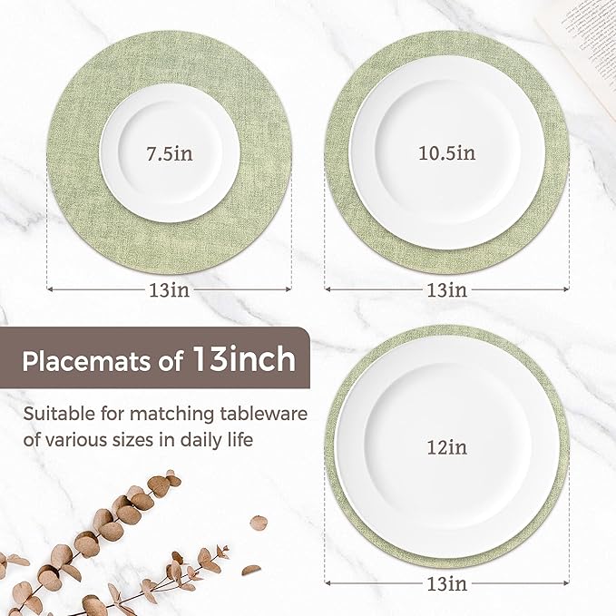 13" Round Placemats Set of 12, Reversible Faux Leather Heat Resistant Table Mats, 100% Waterproof Oilproof Wipeable Table Protective Placemats for Vinyl, Washable for Indoor (12, Light Green)