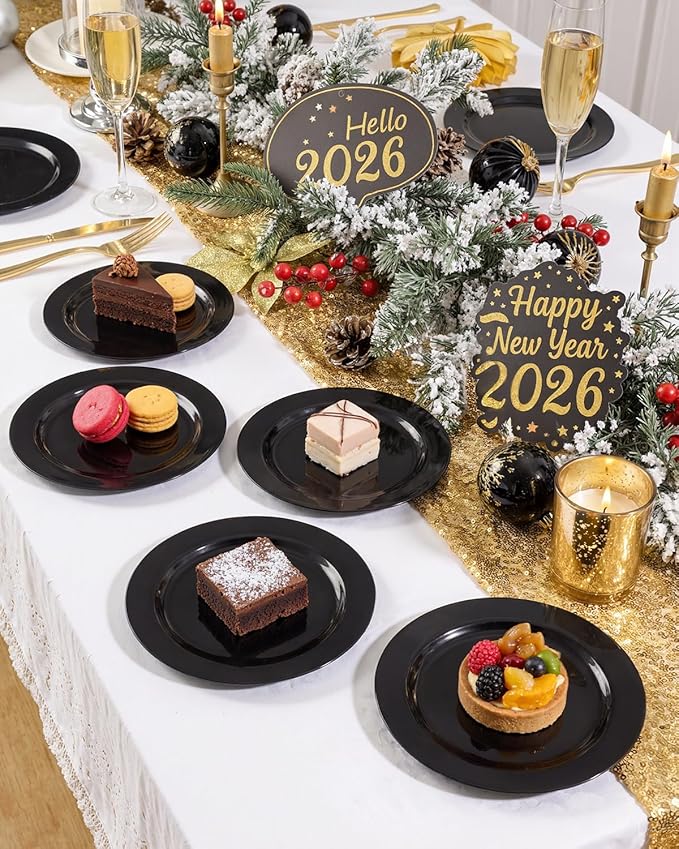 bUCLA 100 Pieces Black Plastic Plates - 6.25 inch Disposable Dessert/Salad/Appetizer/Small Cake Plates for Party, Graduation & New Year