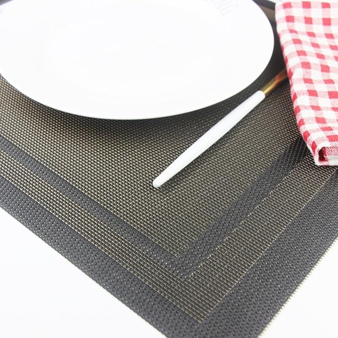 Placemats Vinyl Washable for Dinner Table Stain Insulation Easy to Clean Table Mats Set of 6 (Gold+Black)
