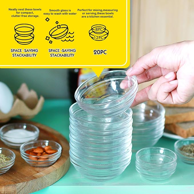 Etolies 20 pack Mini Glass Prep Pinch Bowls,3.5 Inch(4oz) Clear Small Glass Bowls Set of 12 pack and 2.3 Inch(1oz) 8 pack, Serving Bowls Stackable for Kitchen Prep, Dips,Cooking Toppings,Condiments.