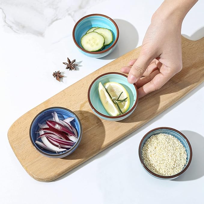 KitchenTour 2.7 Oz Soy Sauce Dishes Dipping Bowls Set, Porcelain Pinch bowls Mini Bowls for Seasoning, Sushi, Ketchup, Appetizer, Nuts, Set of 6, Assorted Cool Colors