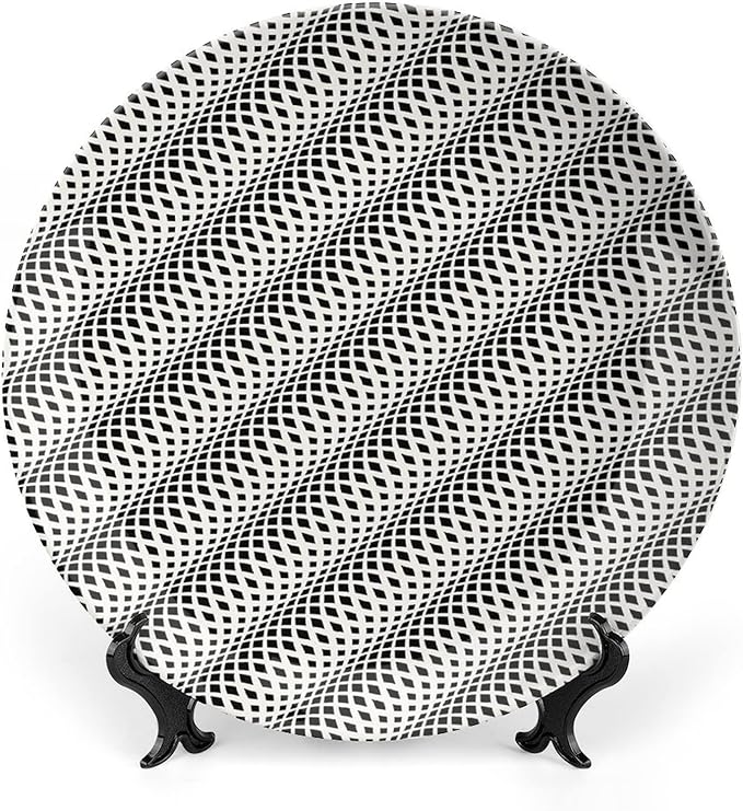 Decorative Plates, Abstract Print Ornament, Wavy Rhombus Abstract Modern Monochrome Decor, 6 Inch, Kitchen Wall Decor, Black White