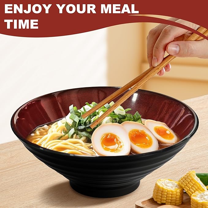 8-Inch 4 Sets Ceramic Ramen Bowl (16 Piece) - Japanese Porcelain Dishwasher Microwave Safe Salad Noodles Cereal Pasta Soup Large Bowls with Chopsticks Forks Spoons for Men Women Housewarming Gift