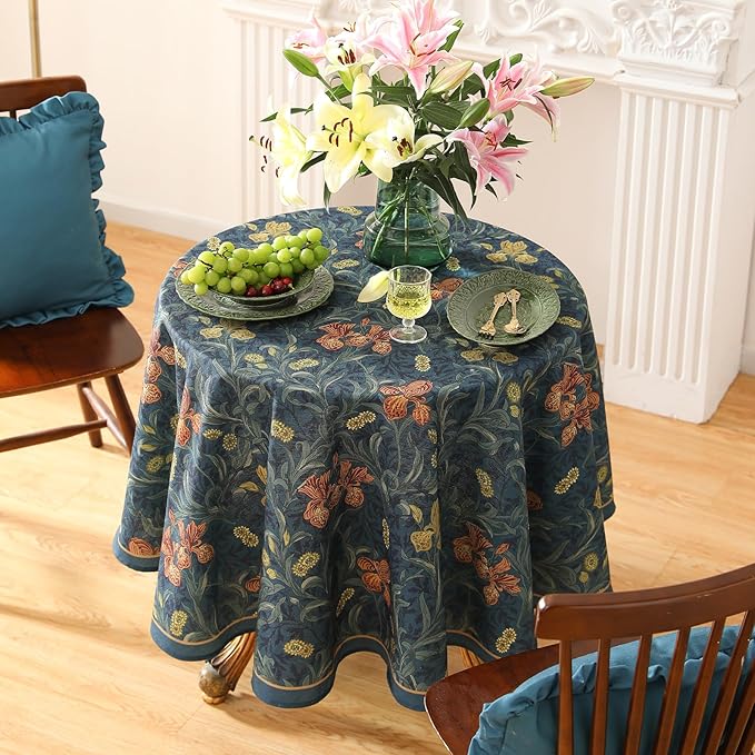 patdrea Designer Vintage Dark Blue Linen Round Tablecloth,French Rustic Floral Pattern Tablecloths,Decorative Table Cover Cloth for Kitchen,Dining,Tea Party,Home,Christmas,Diameter 67"