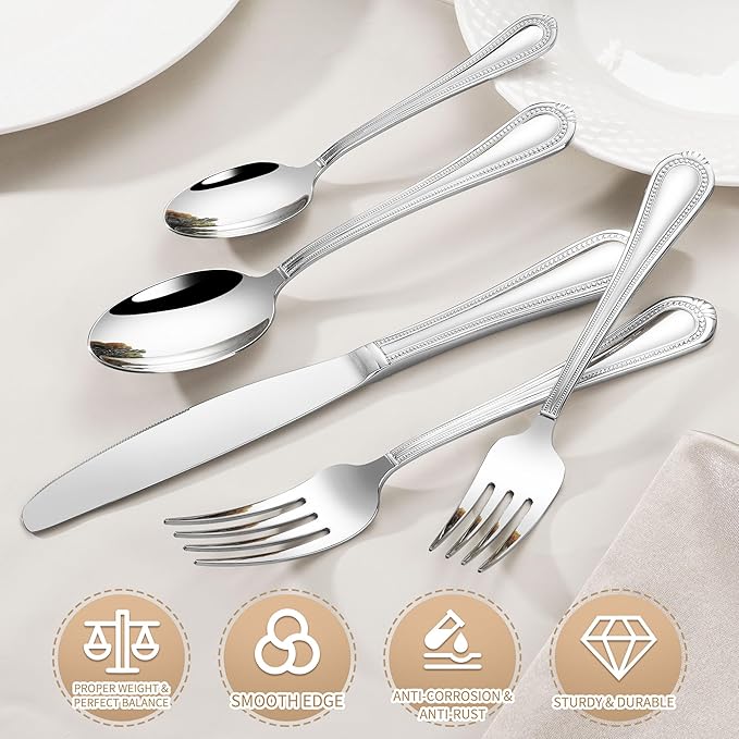 40-Piece Flatware Set for 8, Heavy Duty 18/10 Stainless Steel Silverware Set, Weighted Silverware Knives Forks and Spoons Set, Beaded Edge Handle, Dishwasher Safe