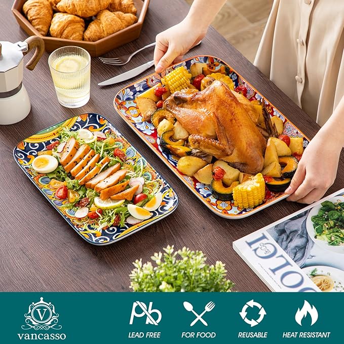 vancasso Serving Platters Set of 3, 16"/14"/12" Inch Rectangular Trays - Serving Platter Extra Large, Ceramic Bohemian Serving Dish for Entertaining Food, Microwave & Dishwasher Safe, Colorful