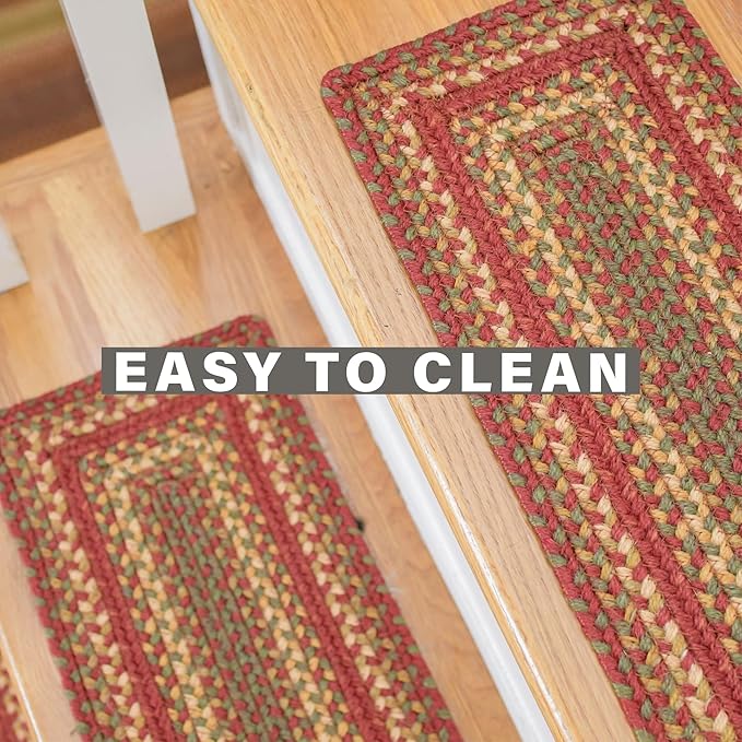 Homespice Cider Barn Jute Braided Stair Treads, Country Primitive Decor, Set of 13, Red 8x28 Oval Rug for Stairs - Easy to Clean, Tightly Stitched and Durable