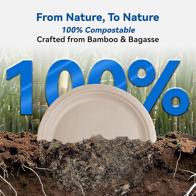 10 Inch Heavy Duty Paper Plates 150 Pack – Compostable, Eco-Friendly, Biodegradable Sugarcane & Bamboo Fiber, Sturdy Disposable Plates for Party, Camping & Everyday Use