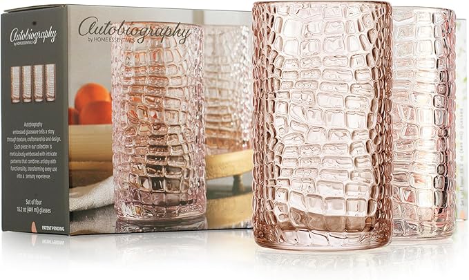 Glaver's Highball Glasses Set of 4 Pink Drinking Glasses, 15 Ounce Crackle Textured Newly Designed Patent Design Glassware Elegant Heavy Duty Drinkware Set, Home Bar Kitchen Water Juice Cocktails