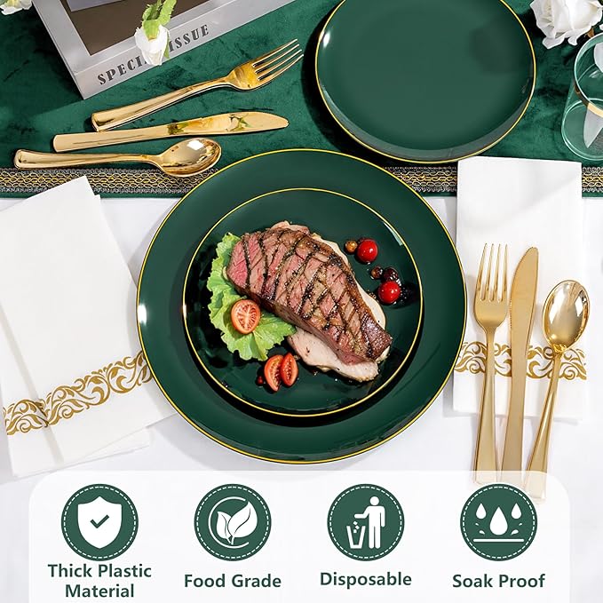 YOUBET 175PCS Green Plastic Plates - Green and Gold Disposable Plates Include 50 Plate, 75 Silverware, 25 Cups, 25 Napkins for Wedding & Party