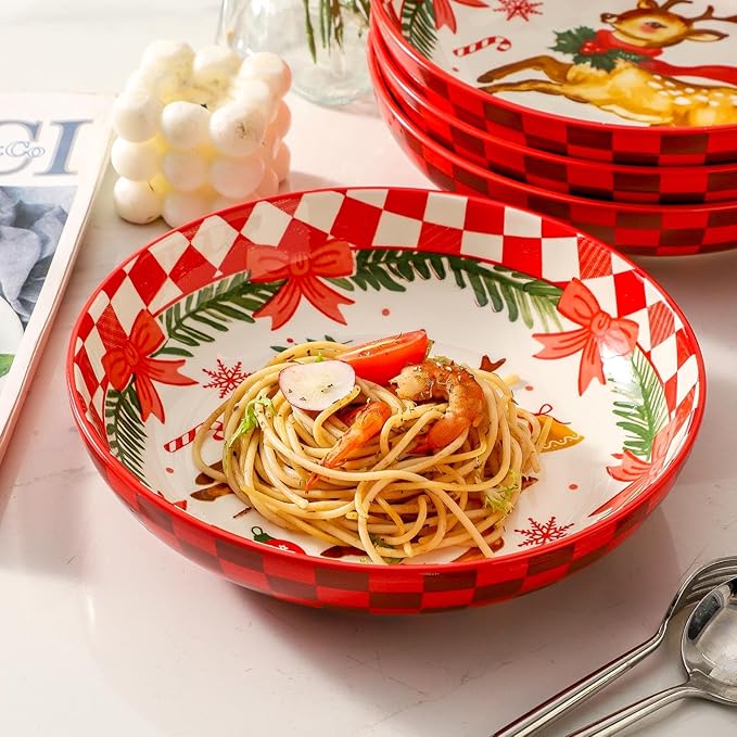 Pasta Bowls 42 Oz, Serving Bowls Set of 4, Ceramic Plate for Kitchen,Salad, Dinner, Microwave Oven and Dishwasher Safe, Versatile Christmas Dishes for Holiday Entertaining, Red