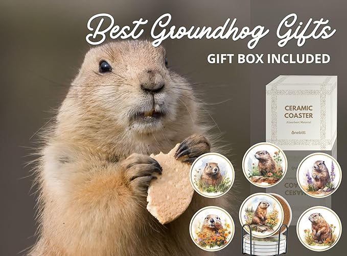 Onebttl Groundhog Gifts Coaster, Home Decor for Women, Moving, Housewarming, Set of 6, Ceramic, Absorbent with Cork Base