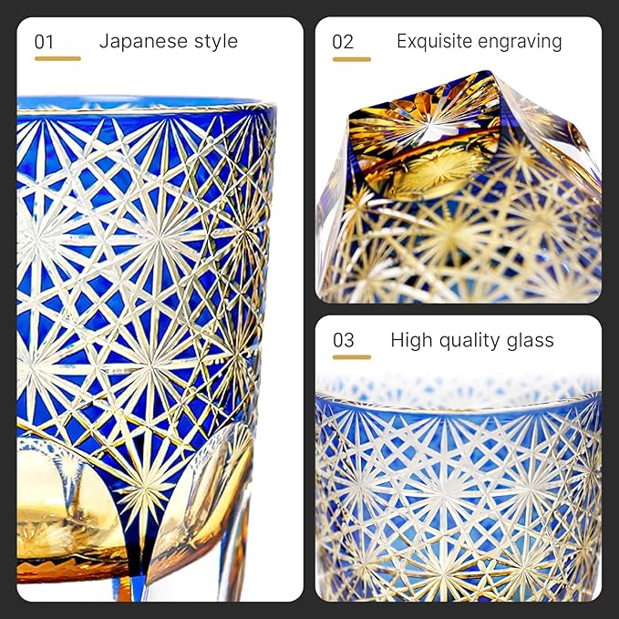 suigetsu Edo style Color Hand Cut Crystal Glass Tumbler Whisky Gass 11 Oz Glassware with Luxury Gift Box,Cocktail-Vodka-Beer Drinkingware Glasses In Gift Carton (Blue Daisy)