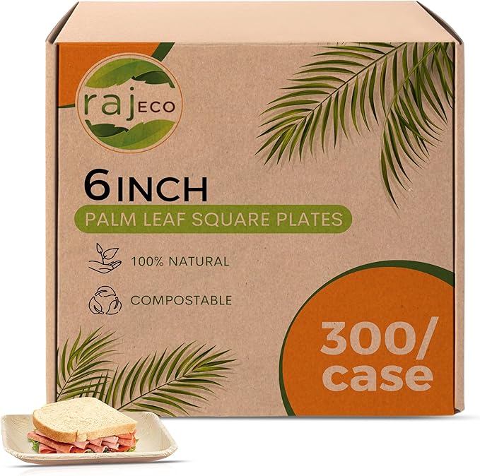 Raj Palm Leaf Plates Bulk [50-Pack] 6" Square Plates(6 CASES - 300 PACK) like Bamboo plates Disposable, Strong, Decorative Compostable Tableware for weddings, Lunch, Dinner, Birthday,Outdoor