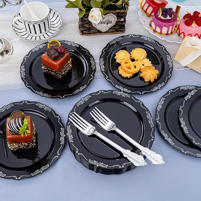DaYammi 60PCS Black and Silver Plastic Plates, Heavy Duty Black and Silver Disposable Plates Premium 7.5 inch Dessert Cake Salad Appetizer Plate Hard Plastic Plate Disposable for Party Wedding