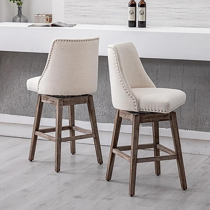 27.5" Counter Height Bar Stool, Linen Fabric Mid Century Modern Swivel Barstool with Back & Wood Legs Comfy Upholstered Counter Chair for Home Bar/Dining Room/Restaurant, Cream