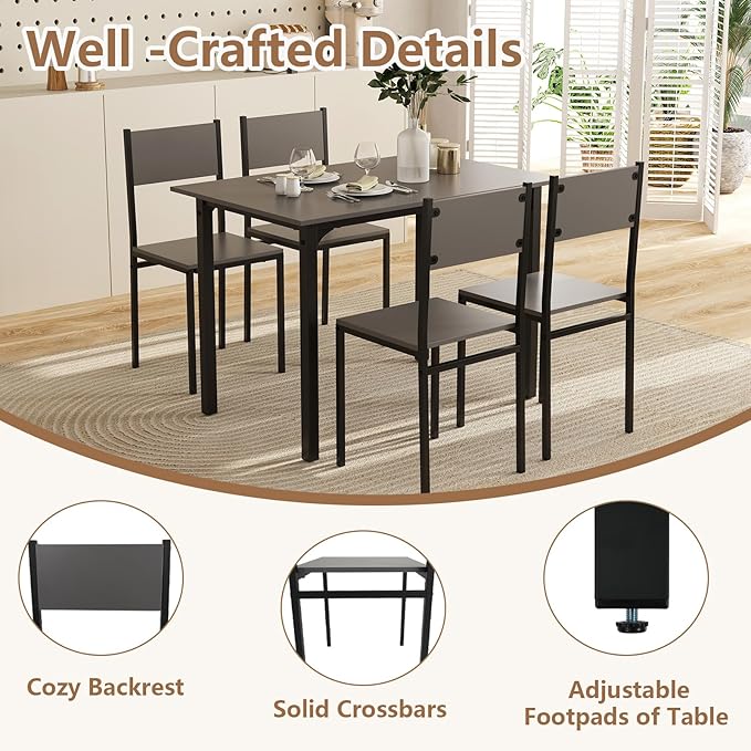 COSTWAY Dining Table Set for 4, Rectangular Kitchen Table and Chairs Set with Backrest, Metal Frame, Space-Saving Dinette Set, Breakfast Nook Table Set for Small Space, Apartment, Dorm (Grey)