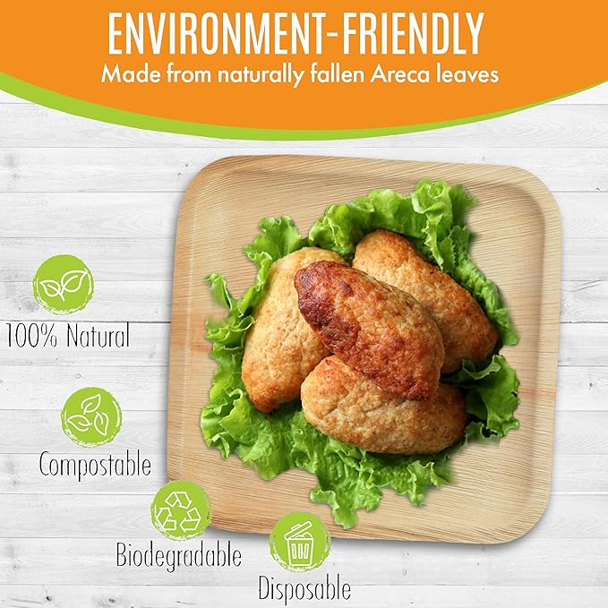 Raj Palm Leaf Plates [50-Pack] 10" Square Plates like Bamboo plates Disposable, Strong, Decorative Compostable Tableware for wedding, Lunch, Dinner, Birthday, Camping, Outdoor BBQ, Picnic…