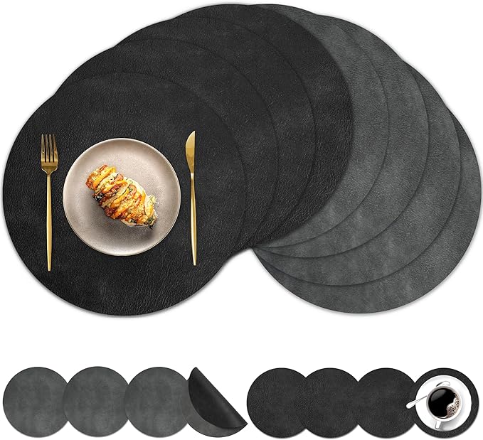 Round Placemats and Coasters Set of 8, Washable Reversible Faux Leather Placemats Cowhide Pattern Place Mats Wipeable Non-Slip 15 inch Round Kitchen Dining Table Mats (Gray Black, 8)
