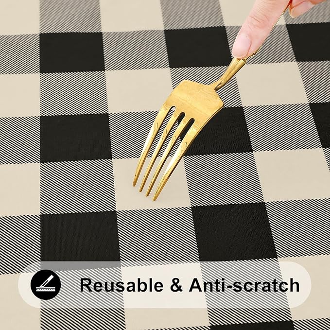 Smiry Rectangle Picnic Table Cloth, Elastic Waterproof Fitted Vinyl Tablecloths, Flannel Backed Buffalo Plaid Table Covers for Dining, Camping, Outdoor (Black and Beige, 30" x 96")