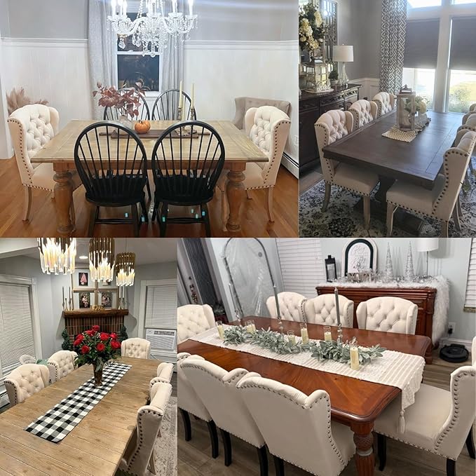 chairus Tufted Parsons Dining Chairs Set of 8, French Country Upholstered Dining Room Chairs with Nailhead Trim & Curved Wood Legs, Farmhouse High Back Armless Side Kitchen Chairs, Beige Linen