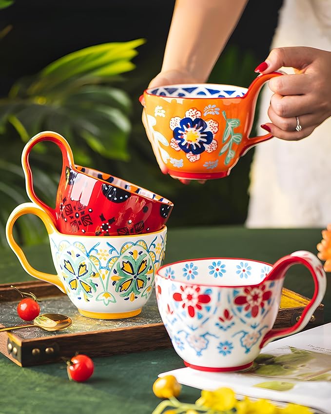 25oz Ceramic Soup Bowl with Handle – Handcrafted Floral Pottery Cereal & Ramen Bowl – Large Microwave & Dishwasher Safe Decorative Bowl for Everyday Use or Gift (Amalfi Bloom, 20oz)