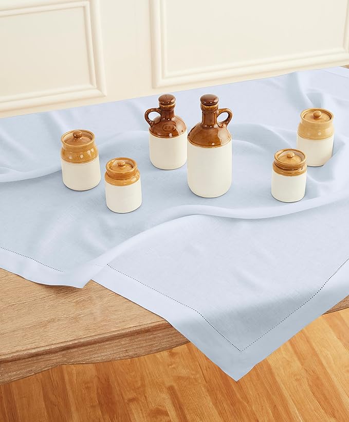 Solino Home Light Blue Linen Tablecloth 52 x 52 Inch - 100% Pure Linen Square Table Throw - Classic Hemstitch, Machine Washable Table Cloth for Winter, Spring, Easter