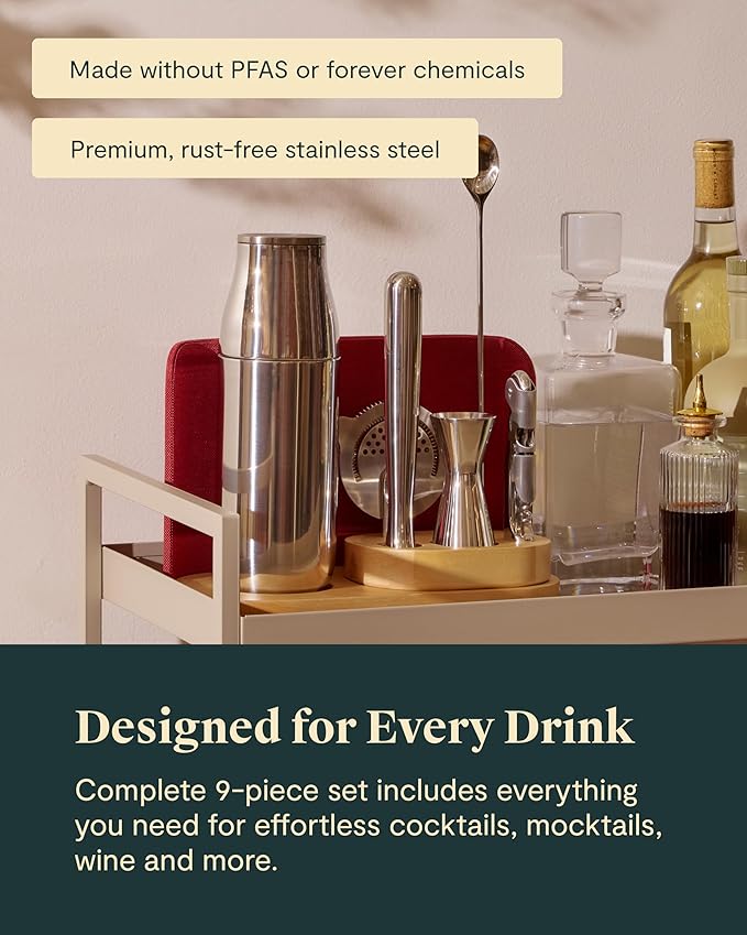 Caraway 9-Piece Complete Bar Set - Cocktail Shaker, Jigger, Muddler, Wine Key, Strainer, Bar Spoon, Storage Organizer, Magnetic Backer - Bartender Accessories - Tools for Home Bartending - Lemon Drop