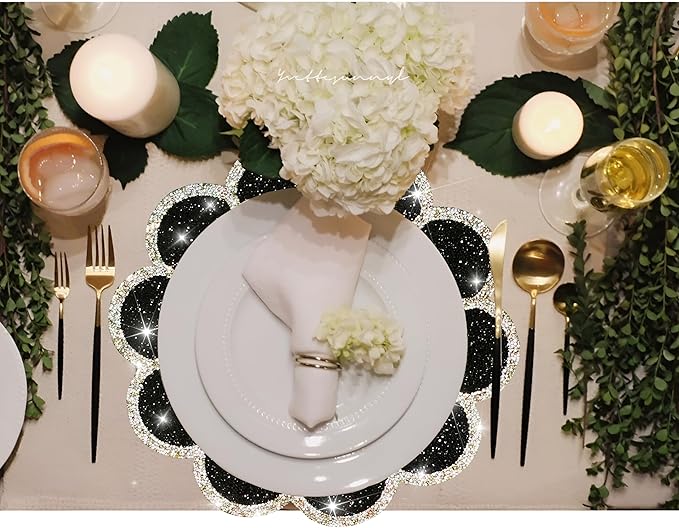 Washable Waterproof Diamond Circle Placemats for Round Tablescape Decor for Dinner and Kitchen Bling Placemats for Weddings & Special Events (Black)-12PCS
