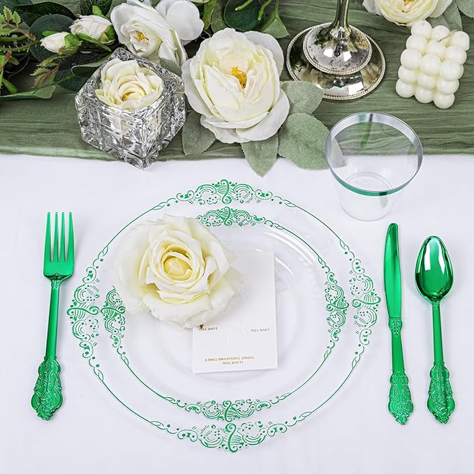 Hioasis 175pcs Clear and Green Plates - Green Party Plates for 25 Guest, Include 50 Heavy-duty Plates(20% Thicker Than Standard), 25 Pre Rolled Gold Plastic Silverware Set, 25 Cups for St. Patrick's D