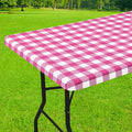 Smiry Rectangle Picnic Table Cloth, Elastic Waterproof Fitted Vinyl Tablecloths, Flannel Backed Buffalo Plaid Table Covers for Dining, Camping, Outdoor (Hot Pink and White, 30" x 72")