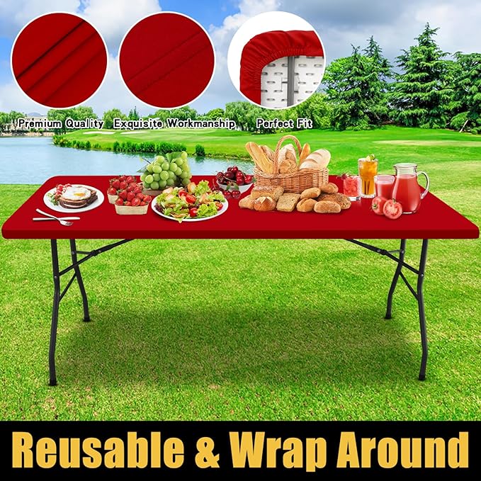 Smiry Rectangle Picnic Table Cloth, Waterproof Elastic Fitted Tablecloths for 4 Foot Tables, Washable Polyester Table Cover for Camping, Indoor and Outdoor (Red, 30"x48")
