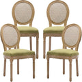 Vintage French Rattan Dining Chairs Set of 4, Round Back Accent Chairs with Rattan Backrest and Upholstered Linen Seat, Solid Frame Wood Sillas de Comedor for Dining Room & Kitchen, Olive Green