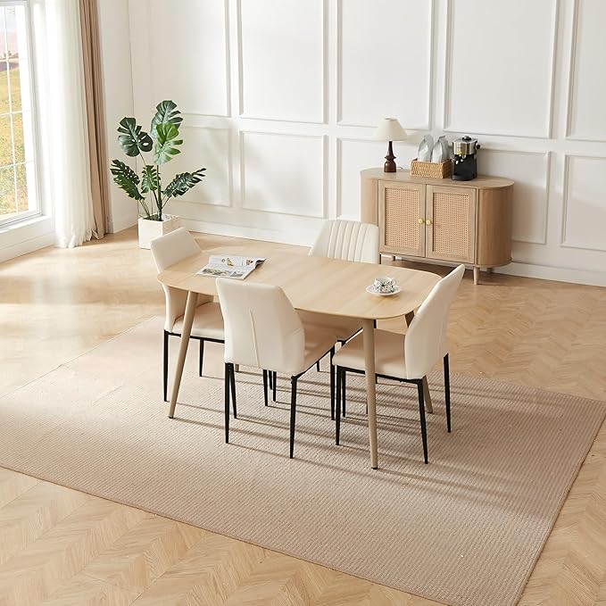 55.1" Modern Dining Table Set for 4, Scratch-Resistant Wood Table with 4 Black Leather Chairs, Stylish & Durable Dining Room Furniture, Space-Saving Kitchen Table Set for Family & Apartment