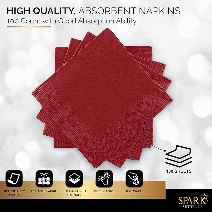 100 Pack Burgundy Beverage Napkins, Big Party Pack, 2 Ply, Ideal for Wedding, Party, Birthday, Dinner, Lunch, Cocktails. (5” x 5”) by Amcrate