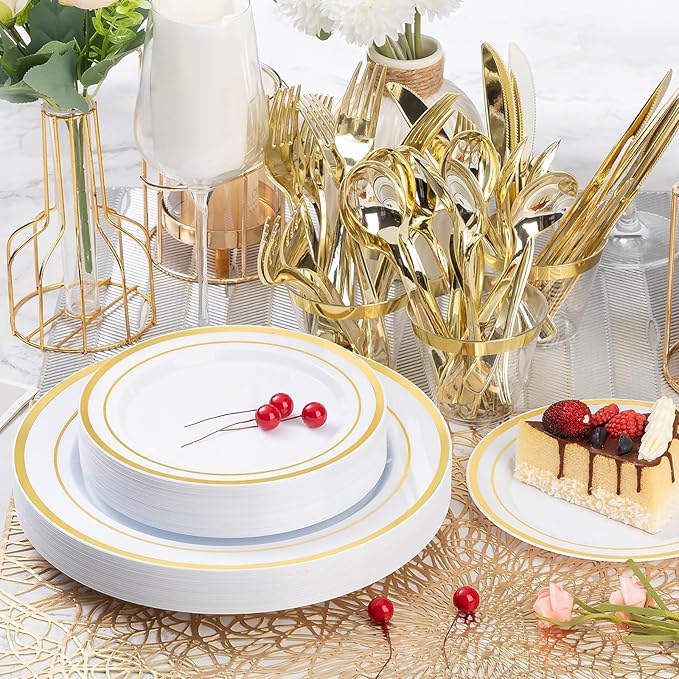 Bestvip 150PCS Gold Plastic Plate Set (25 Guests), Plastic Plates for Party Wedding Birthday, Disposable Dinnerware Set of 50 Plastic Plates, 50 Forks, 25 Spoons, 25 Knives